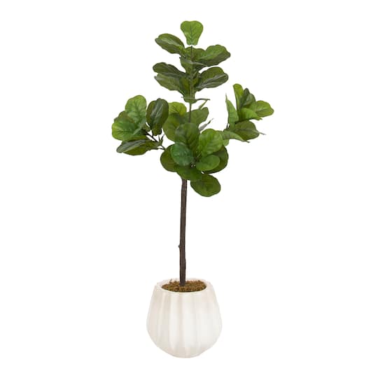 Kate and Laurel 4ft. Fidmont Faux Fiddle Fig Tree in Claudel Scalloped Planter